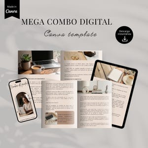 以下が含まれることがあります： 「MEGA COMBO DIGITAL Canva template」というテキストが入ったデジタル製品バンドル。画像には、コンテンツを表示するラップトップ、タブレット、スマートフォン、開いた本が含まれています。
