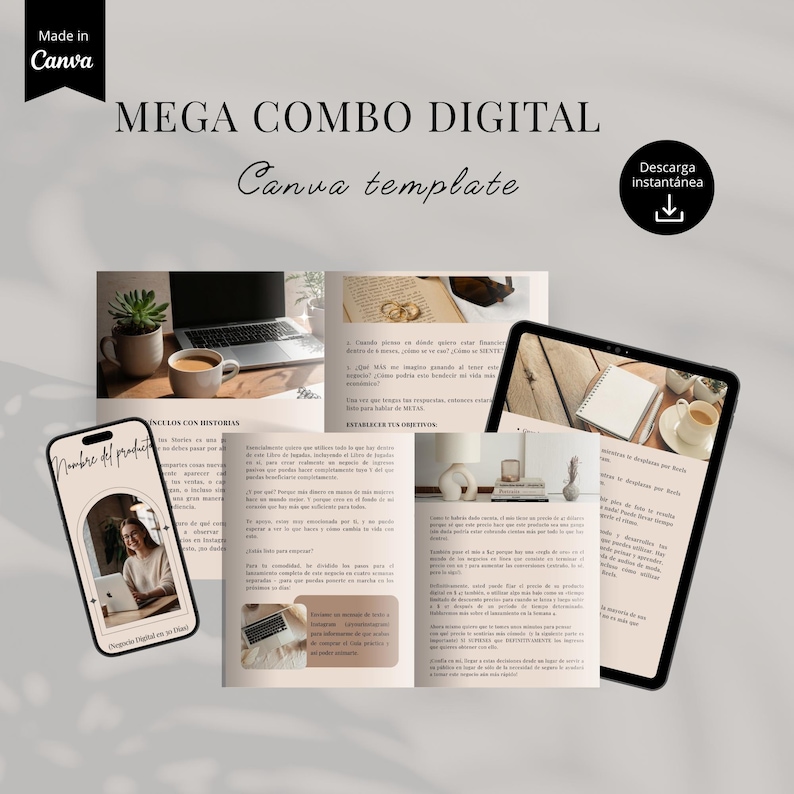K&ouml;nnte beinhalten: Ein digitales Produktpaket mit dem Text "MEGA COMBO DIGITAL Canva template". Das Bild enth&auml;lt einen Laptop, ein Tablet, ein Smartphone und ein offenes Buch, die alle Inhalte anzeigen.