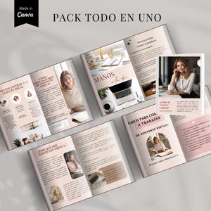 K&ouml;nnte beinhalten: Eine Sammlung offener Zeitschriften mit rosa und wei&szlig;en Seiten, die Text und Bilder zeigen. Der Text enth&auml;lt S&auml;tze wie "Pack Todo en Uno" und "Hands on". Die Zeitschriften zeigen eine Frau und einen Laptop. Das Canva-Logo befindet sich oben links.