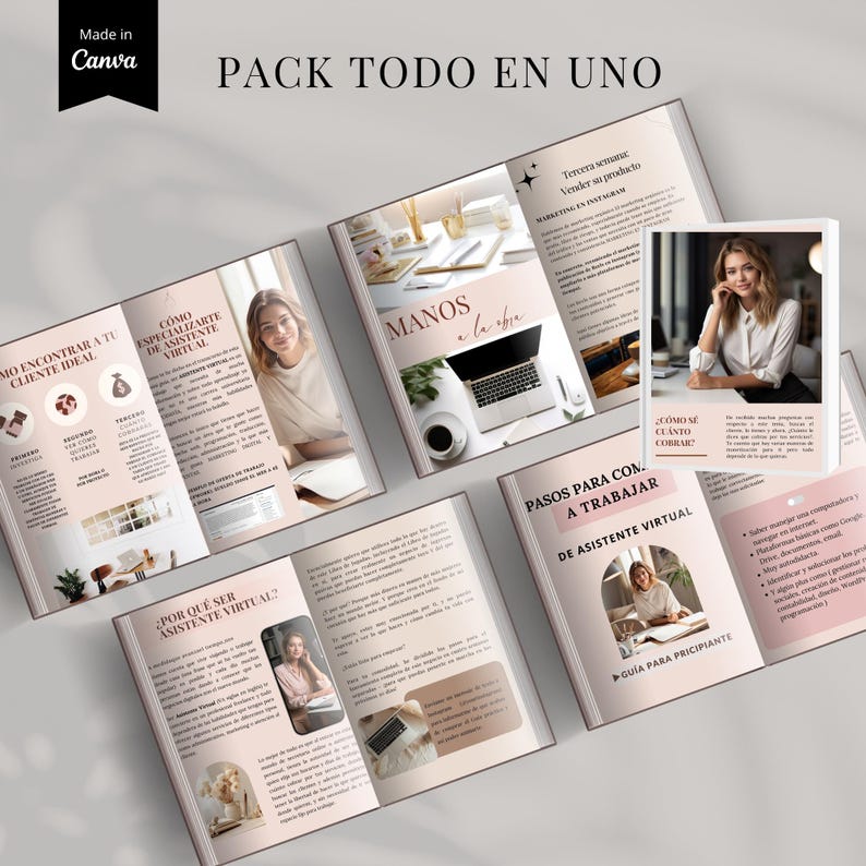 K&ouml;nnte beinhalten: Eine Sammlung offener Zeitschriften mit rosa und wei&szlig;en Seiten, die Text und Bilder zeigen. Der Text enth&auml;lt S&auml;tze wie "Pack Todo en Uno" und "Hands on". Die Zeitschriften zeigen eine Frau und einen Laptop. Das Canva-Logo befindet sich oben links.