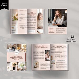 K&ouml;nnte beinhalten: Eine Sammlung von Marketingvorlagen in einem sanften Rosa- und Wei&szlig;ton. Die Vorlagen enthalten Text und Bilder, mit dem Canva-Logo oben links. Der Text enth&auml;lt S&auml;tze wie "Wie man sich als virtueller Assistent spezialisiert" und "Soziale Medien nutzen, um bekannt zu werden und zu verkaufen."