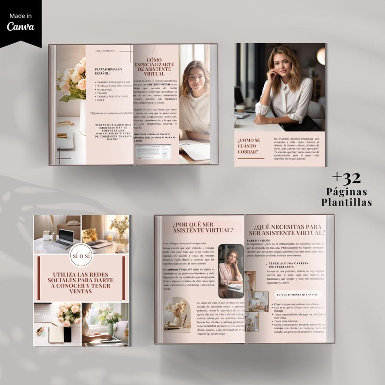 K&ouml;nnte beinhalten: Eine Sammlung von Marketingvorlagen in einem sanften Rosa- und Wei&szlig;ton. Die Vorlagen enthalten Text und Bilder, mit dem Canva-Logo oben links. Der Text enth&auml;lt S&auml;tze wie "Wie man sich als virtueller Assistent spezialisiert" und "Soziale Medien nutzen, um bekannt zu werden und zu verkaufen."