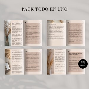 K&ouml;nnte beinhalten: Werbebrosch&uuml;re mit dem Text "PACK TODO EN UNO" und "55 Seiten". Die Brosch&uuml;re ist ge&ouml;ffnet und zeigt Text und Grafiken auf beigen Seiten. Dekorative Elemente sind Pampasgras in Vasen und ein Smartphone.
