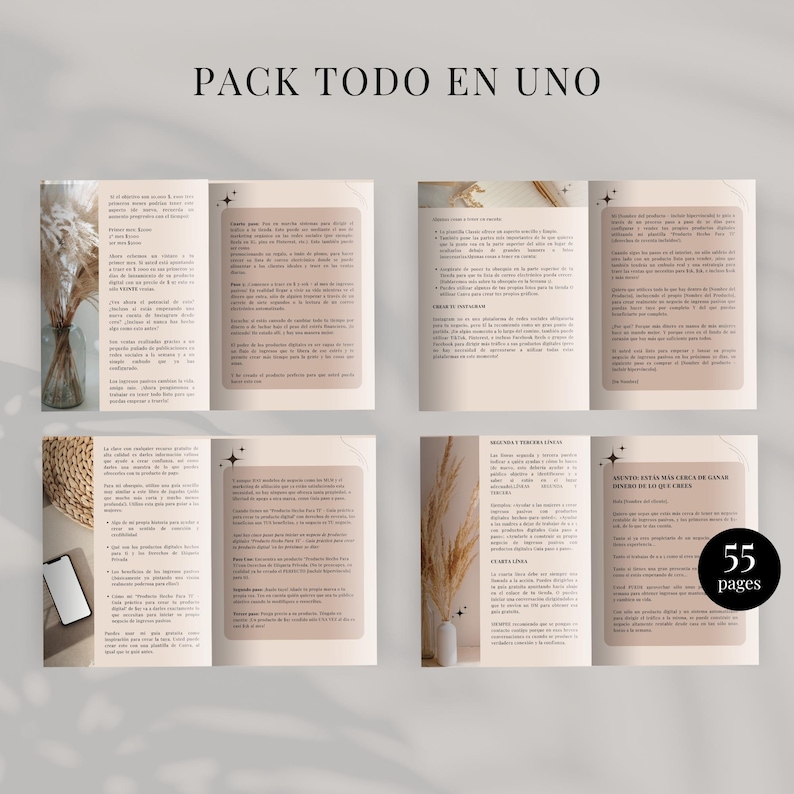 K&ouml;nnte beinhalten: Werbebrosch&uuml;re mit dem Text "PACK TODO EN UNO" und "55 Seiten". Die Brosch&uuml;re ist ge&ouml;ffnet und zeigt Text und Grafiken auf beigen Seiten. Dekorative Elemente sind Pampasgras in Vasen und ein Smartphone.