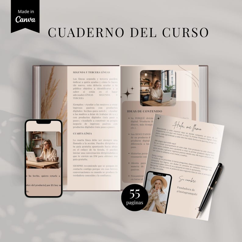 K&ouml;nnte beinhalten: Ein offenes Notizbuch mit dem Titel "CUADERNO DEL CURSO" und dem Canva-Logo. Das Notizbuch hat 55 Seiten und enth&auml;lt Text und Bilder. Ein Smartphone und ein Stift liegen neben dem Notizbuch.
