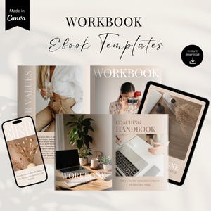 Op de afbeelding: Een verzameling digitale werkboek- en e-book sjablonen, waaronder mockups voor telefoon, tablet en gedrukt boek. De tekst bevat "Workbook", "Ebook Templates" en "Coaching Handbook". Het kleurenschema is neutraal met beige en witte tinten.