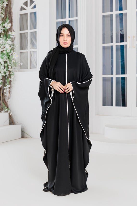 Black Butterfly Abaya Dress With White Trim: Hajj Umrah Ramadan Eid - Etsy