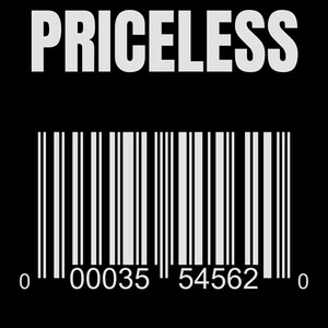 May include: A black graphic design featuring the white text PRICELESS in a bold sans-serif font positioned above a standard vertical barcode. Below the barcode, the numerical sequence 0 00035 54562 0 is printed in white on the black background.