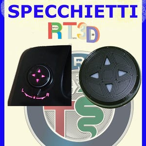 Könnte beinhalten: Schwarzes Autoteil mit einem rosa Richtungspad und den Buchstaben "L" und "R". Ein rundes schwarzes Objekt mit sternförmigem Design ist ebenfalls sichtbar. Das Bild enthält den Text "Pulsante Specchietti" und "147 GT".