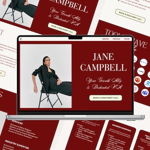 May include: A laptop displays a website design with a burgundy and white color scheme. The website features the name "Jane Campbell" and the tagline "Your Growth Ally & Dedicated VA." Additional website pages and cards are visible.