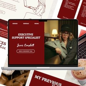 Può includere: Un laptop che mostra un sito web per una specialista del supporto esecutivo, con il testo "Executive Support Specialist Jane Campbell". Biglietti da visita e documenti con testo circondano il laptop. Sono presenti anche una tazza di caffè e fiori.