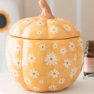 May include: A ceramic pumpkin-shaped container with a lid, painted in a light orange colour and decorated with white daisy patterns. The stem is a light brown colour. A small brown bottle with a dropper is next to the pumpkin.