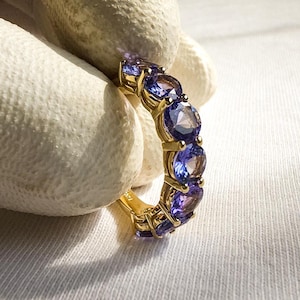 14kt Solid Gold Tanzanite Wedding Ring Half Eternity Band For Women Purple Gemstone IGI Certificated Handmade Gift December Birthstone