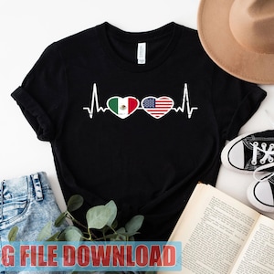 Mexico USA Heartbeat PNG, Mexican American Flag Sublimation, Latino Pride Digital Download, Bicultural Love Clipart for T-Shirts & Prints