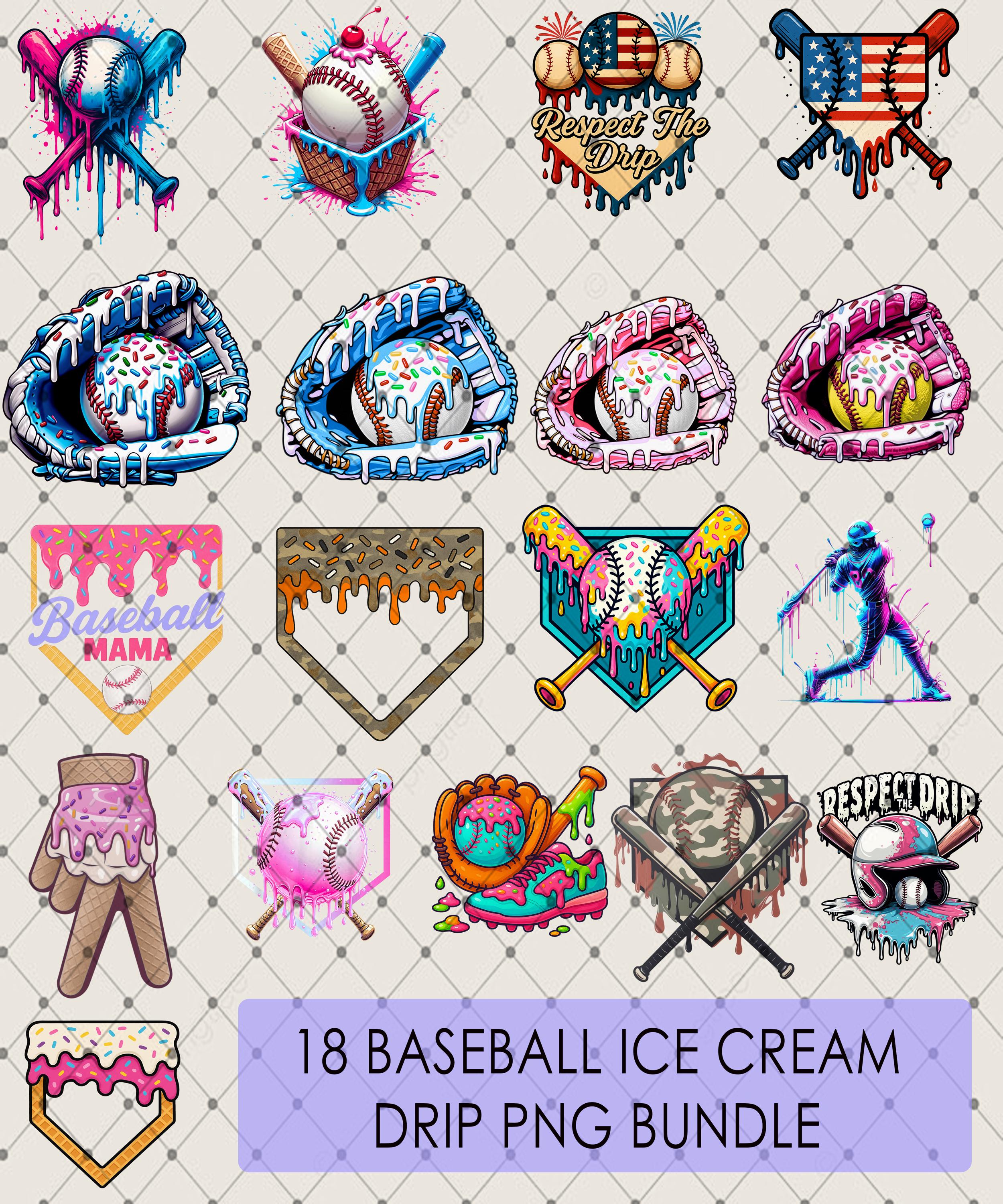 18 Design Baseball Ice Cream Drip PNG Bundle, Waffle Home Plate Png Digital File, Baseball Player Drip Png, Baseball Life, Sprinkle Drip
