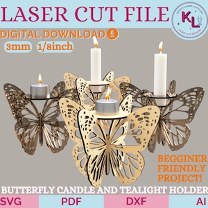 バタフライティーライトキャンドルホルダー SVG | ランタン、ティーライトホルダー、キャンドルホルダー用レーザーカットファイル | レーザーカット用 DXF SVG カットファイル