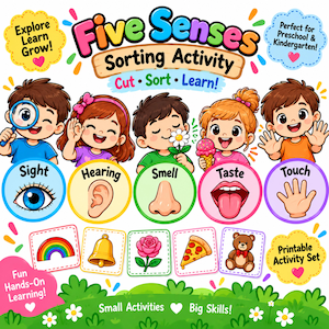 May include: A Five Senses Sorting Activity printable set featuring cartoon children and icons for sight, hearing, smell, taste, and touch. Includes illustrations of a rainbow, bell, rose, pizza, and teddy bear with text labels for educational use.
