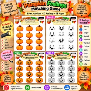 Puede incluir: Un juego de asociación Pumpkin Feelings imprimible de 48 páginas con dos actividades. Incluye tarjetas de calabazas, caras con emociones ocultas, tarjetas para emparejar y un tablero. El set muestra 12 emociones como feliz, triste y enojado.