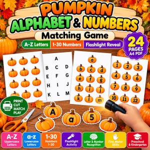 May include: A printable pumpkin alphabet and numbers matching game featuring 24 A4 PDF pages. The set includes sheets with pumpkins, letters A-M, and numbers 1-12, alongside cut-out pumpkin cards with letters and numbers for a flashlight reveal activity.