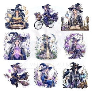 May include: A collection of nine digital illustrations featuring a witch with long light hair wearing a dark blue hat and robes. The scenes include the witch reading books, riding a bicycle, holding crystals, sitting on a swing, and flying on a broom.