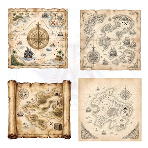 Può includere: Quattro mappe del tesoro quadrate in stile pergamena con illustrazioni dettagliate di isole, rose dei venti, navi a vela, creature marine e forzieri. Ogni mappa mostra percorsi tratteggiati che portano a luoghi segnati con una X su carta invecchiata.