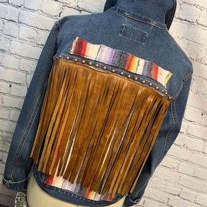Chaqueta vaquera vaquera con cuero y sarape vintage Grande