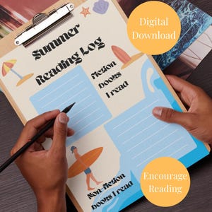Kids Summer Reading Log Beach Seaside Surfer Vacation Holiday Book Tracker Challenge Record A4 Digital Download Printable Worksheet Journal