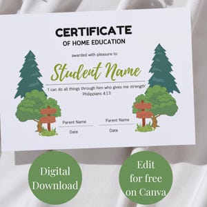 Editable Christian Home Education Homeschool Graduation Diploma Certificate Bible Verse Scripture Outdoor Nature Digital Template Printable