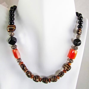 Vintage Onyx Carnelian Tigers Eye Sterling Silver Bead Necklace