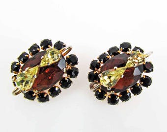 Vintage Jet, Smoked Topaz and Citrine Rhinestone Earrings 1952
