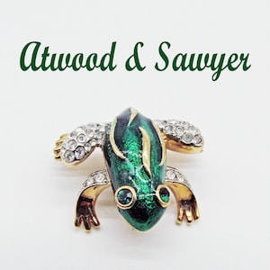 A & S Frog Brooch Guilloche Enamel and Rhinestone Vintage