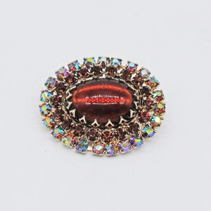 以下が含まれることがあります： 虹色のラインストーンの輪で囲まれた、大きな楕円形の茶色のカボションストーンが付いたヴィンテージのブローチです。