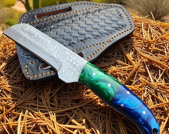 Handmade Damascus Steel Bull Cutter Knife, Leather Sheath, Cowboy Gift