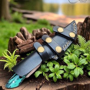 May include: A black leather knife sheath with brass-colored rivets and a decorative edge, holding a knife with a turquoise and black handle. The knife and sheath are displayed on a tree stump surrounded by greenery.