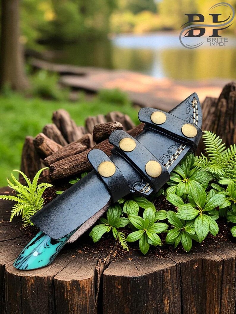 May include: A black leather knife sheath with brass-colored rivets and a decorative edge, holding a knife with a turquoise and black handle. The knife and sheath are displayed on a tree stump surrounded by greenery.