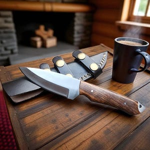 May include: A hunting knife with a wooden handle and a leather sheath rests on a wooden table. A black mug of coffee sits nearby, with steam rising from the top. The knife has a silver blade and is next to a black leather sheath with gold-colored rivets.