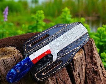 Damascus Steel Bull Cutter with Pancake Sheath,Cowboy Knives, Rasp Knives,Bull Cutter Knives, Damascus Hunting Knives Gift Texas Flag Handle