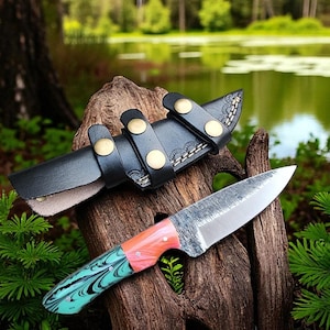 May include: A handcrafted knife with a patterned blade and a handle featuring shades of teal, pink, and orange. The knife rests on a piece of wood, with a black leather sheath secured by brass-colored studs. The background shows a lake and greenery.