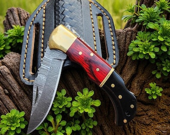 Handmade Damascus Pocket Knife: Rosewood Handle, Leather Sheath