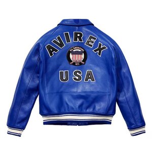 Men&#39;s Avirex USA Blue Icon Varsity Leather Jacket | Avirex Varsity Bomber Leather Jacket