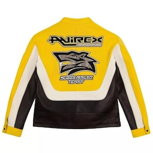 Handmade Men&#39;s Avirex Yellow Lone Wolf Racer Art DTF Patches Racing Biker Leather Jacket | Men Avirex Leather Bomber Biker Motorcycle Jacket