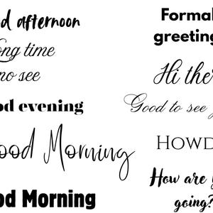10 diseños de saludos estéticos / Frases de buenos días, tardes y noches / Paquete digital PNG SVG PSD / Mensajes románticos e inspiradores