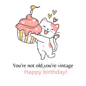 Funny Cat Birthday Card – “You’re Not Old, You’re Vintage” | Digital Download
