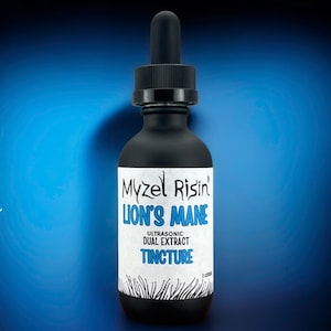 May include: A black bottle of Myzel Risin' Lion's Mane tincture with a dropper. The label features the product name in white and blue, along with the words "Ultrasonic Dual Extract Tincture." The bottle is set against a blue gradient background, with icons indicating the product is non-GMO, gluten-free, and pesticide-free.