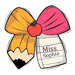 Laço de papel e lápis para professor (SVG), pode ser personalizado com o nome do professor, Laço de papel e lápis para professor (SVG), Volta às aulas, Sublimação, Arquivo de corte