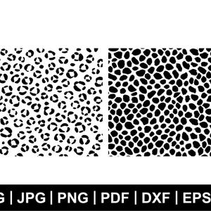May include: Two seamless patterns, one with black leopard spots on a white background and the other with black irregular spots on a white background.
