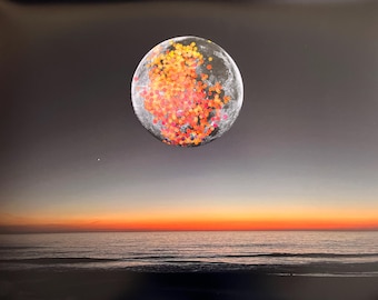 iridescent moon above the sea - 16x20 photographic sunset print embellished with collaged moon and iridescent dichroic dots