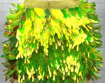 super fun bright fluo yellow party skirt embellished with hundreds of hand-cut raindrops, size 00P
