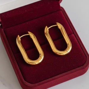 May include: A pair of gold-coloured, oval-shaped hoop earrings. The earrings are displayed in a burgundy velvet jewellery box. The earrings have a polished, reflective surface and a simple, elegant design.