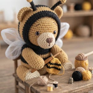 Ours abeille en peluche amigurumi crocheté à la main, avec un petit pot de miel et des ailes